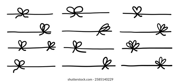 Greeting anniversary bow ribbon gift box thread set. Hand drawn vector doodle sketch illustration isolated on white background.
