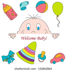 Greeting with a baby elements. Vector illustration.