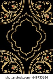 Greeting background with Arabic pattern Islamic holidays of Ramadan, Eid al-Fitr, Eid al-Adha and other. Vector illustration. Black and Golden color.