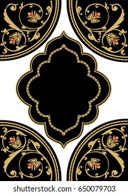 Greeting background with Arabic pattern Islamic holidays of Ramadan, Eid al-Fitr, Eid al-Adha and other. Vector illustration. Black, white and Golden color.