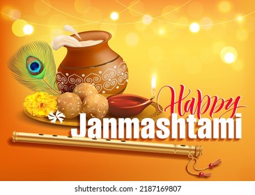 Greeting background with dahi handi (pot with cream), bansuri (flute), oil lamp (diya) and sweets laddu for Hindu festival Krishna Janmashtami (birth of Lord Krishna). Vector.