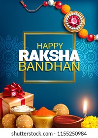 Greeting background with decorated rakhi, gift and aarti for Raksha Bandhan (Bond of protection and care) – Indian festival of sisters and brothers. Vector illustration.