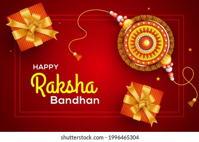 Greeting background with decorated rakhi and gift for Raksha Bandhan (Bond of protection and care) – Indian festival of sisters and brothers.