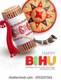 Greeting background with drum (dhol, onoinya) decorated with gamosa, japi (bamboo hat) and pepa (horn) for North Indian Assamese New Year (and harvest) festival Rongali (Bohag) Bihu. Vector.