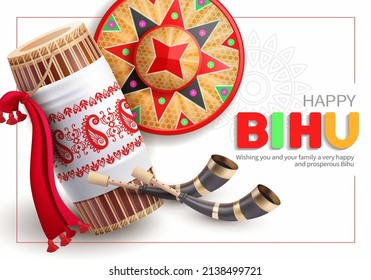 Greeting background with drum (dhol, onoinya) decorated with gamosa, japi (bamboo hat) and pepa (horn) for North Indian Assamese New Year (and harvest) festival Rongali (Bohag) Bihu. Vector.