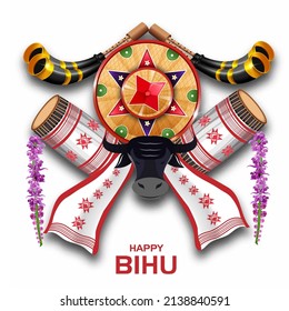 Greeting background with drum (dhol, onoinya) decorated with gamosa, japi (bamboo hat) and pepa (horn) for North Indian Assamese New Year (and harvest) festival Rongali (Bohag) Bihu. Vector.