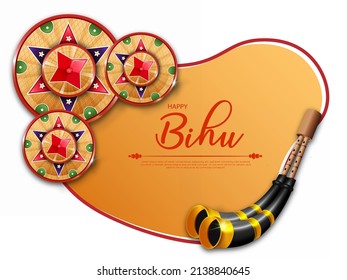 Greeting background with drum (dhol, onoinya) decorated with gamosa, japi (bamboo hat) and pepa (horn) for North Indian Assamese New Year (and harvest) festival Rongali (Bohag) Bihu. Vector.