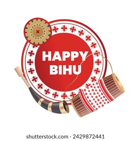 Greeting background with drum (dhol, onoinya) decorated with gamosa, japi (bamboo hat) and pepa (horn) for North Indian Assamese New Year (and harvest) festival Rongali (Bohag) Bihu. Vector isolated.