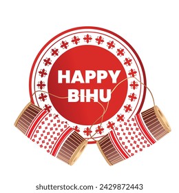 Greeting background with drum (dhol, onoinya) decorated with gamosa, japi (bamboo hat) and pepa (horn) for North Indian Assamese New Year (and harvest) festival Rongali (Bohag) Bihu. Vector isolated.