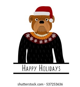 Greeting background with English Bulldog. A dog with a hat of Santa Claus. Flat design. Pet. Cute doggie. Cartoon character. Animal. Vector illustration, eps10