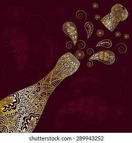 Greeting background with gold patterned champagne bottle with cork emitted. Ornament in ethnic style with the Indian henna motive. Vector illustration.