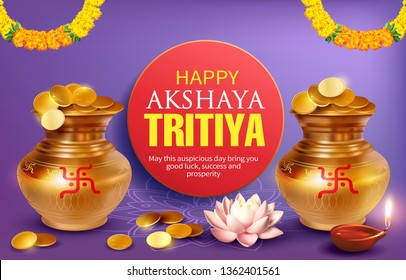 Greeting background with gold pots, coins and diya (oil lamp) for Indian festival Akshya Tritiya. Vector illustration.