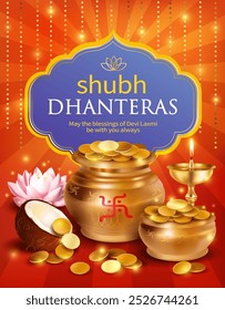 Grußhintergrund mit goldenen Töpfen und Münzen für das indische Festival Dhanteras (Diwali-Saison). Vektorgrafik.