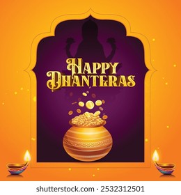 Greeting background with gold pots and coins for Indian festival Dhanteras (Diwali season). 3D Vector illustration.