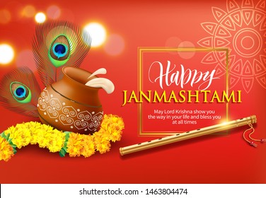 Greeting background for Hindu festival Krishna Janmashtami (birth of Lord Krishna). Vector illustration.