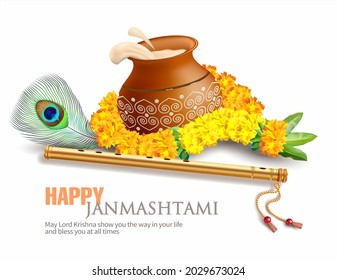 Greeting background for Hindu festival Krishna Janmashtami (birth of Lord Krishna). Vector illustration.