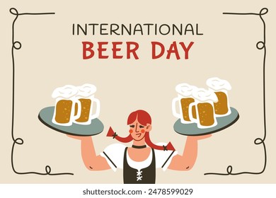 Greeting background. International beer day. Cheerful woman holding beer glass on tray. Cute happy girl in national dress congratulates on holiday. Vector illustration in flat cartoon style