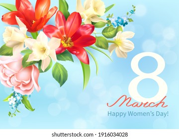 Greeting background for International Women’s Day 8 March. Card with spring flowers: daffodils, tulips and rose. Vector illustration.