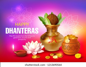 Greeting background with kalash, diya and gold coins for Indian festival Dhanteras (Diwali season). Vector illustration.