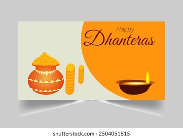 Greeting background with kalash, diya and gold coins for Indian festival Dhanteras (Diwali season). Vector illustration.
