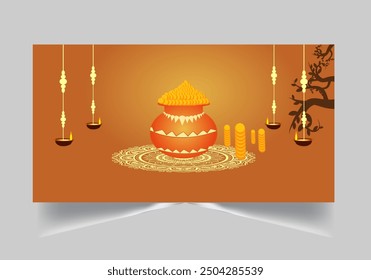 Greeting background with kalash, diya and gold coins for Indian festival Dhanteras (Diwali season). Vector illustration.