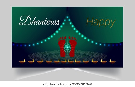 Greeting background with kalash, diya and gold coins for Indian festival Dhanteras (Diwali season). Vector illustration.