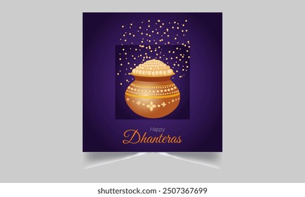 Greeting background with kalash, diya and gold coins for Indian festival Dhanteras (Diwali season). Vector illustration.
