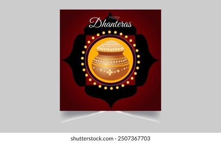 Greeting background with kalash, diya and gold coins for Indian festival Dhanteras (Diwali season). Vector illustration.