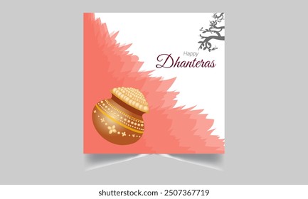 Greeting background with kalash, diya and gold coins for Indian festival Dhanteras (Diwali season). Vector illustration.