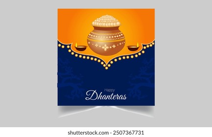 Greeting background with kalash, diya and gold coins for Indian festival Dhanteras (Diwali season). Vector illustration.