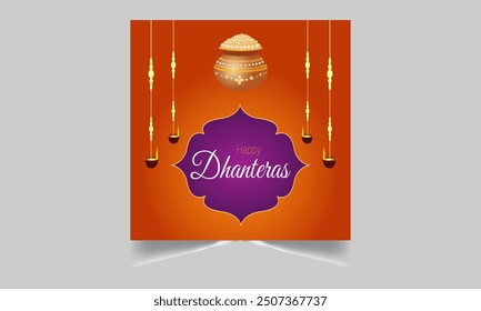 Greeting background with kalash, diya and gold coins for Indian festival Dhanteras (Diwali season). Vector illustration.