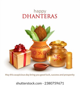 Greeting background with Kalash, gold coins, diya (oil lamp) and gift box for Indian festival Dhanteras (Diwali season). Vector illustration.