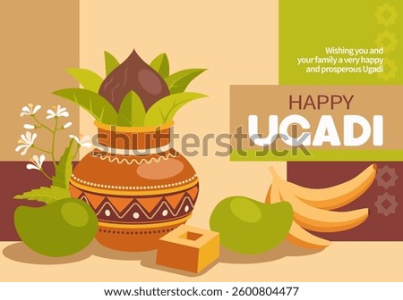 Greeting background with Kalash (pot), neem flowers and green mangos for Indian New Year festival Ugadi (Yugadi, Gudi Padwa). Vector illustration.