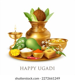 Greeting background with Kalash, traditional pachadi, diya (oil lamp) and pooja thali (tray) for Indian New Year (and harvest) festival Ugadi (Yugadi, Gudi Padwa). Vector illustration.