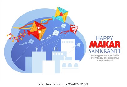 Greeting background with kite flying and city skyline for Indian harvest festival Makar Sankranti (Pongal). Vector illustration.