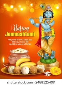 Greeting background with Krishna Murti and prasad (offering) for Hindu festival Krishna Janmashtami (birth of Lord Krishna). Vector illustration.