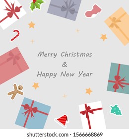 Greeting background Merry Christmas and happy New Year with gift box and ornament. Vector illustration. 