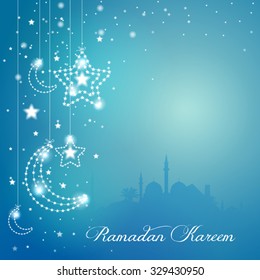 Greeting background with mosque star and crescent for Ramadan Kareem - Translation : May Generosity Bless you during the holy month