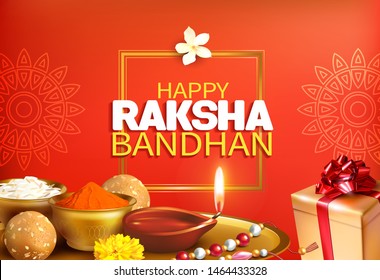 Greeting background with pooja thali (tray), rakhi (bracelet), and gift for Raksha Bandhan (Bond of protection and care) – Indian festival of sisters and brothers. Vector illustration.