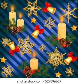 Greeting background. Seamless. Bow. Spruce branches. Ribbon. Rowan. Bell. Candle. Cone. 