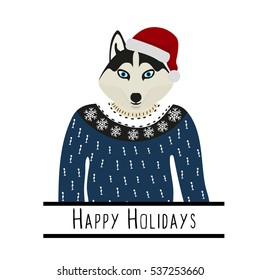 Greeting background with Siberian Husky. A dog with a hat of Santa Claus. Flat design. Pet. Cute doggie. Cartoon character. Animal. Vector illustration, eps10