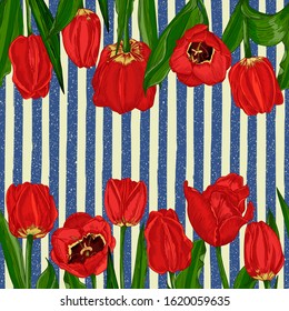 Greeting background with Spring flower tulips bouquet in red and green colors. Horizontal seamless pattern Engraving drawing style Realistic botanical nature sketch. Women, mother days, 8 march design