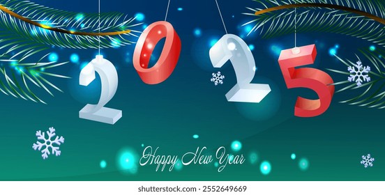 Greeting background template with spruce branches, glitter and the numbers 2025.