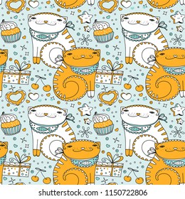 Greeting background template. Vector seamless cute cats, gifts, bakery sweets and cookies pattern. Flat cartoon icons and symbols set.