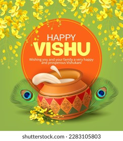 Greeting background with traditional clay dahi handi (pot with cream) and konna flowers (cassia fistula) for South Indian New Year festival Vishu (Vishukani). Vector.