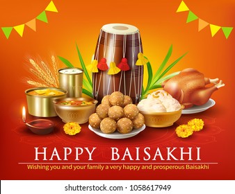 Greeting background with traditional food and dhol for Punjabi festival Baisakhi (Vaisakhi). Vector illustration.