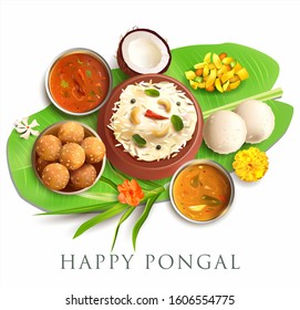 Greeting background with traditional food (ven pongal, idli, sambar, rasam, laddu) served on banana leaf for Indian harvest festival Pongal (Makar Sankranti). South Indian festive dishes. Vector.