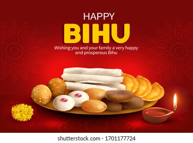 Greeting background with traditional sweets: ladoo and pitha (narikol, xutuli, koat, ghila, til) for North Indian Assamese New Year (and harvest) festival Rongali Bihu. Vector illustration.