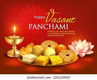 Greeting background with traditional yellow-colored sweets for Indian festival Vasant Pancami (Saraswati Jayanti) dedicated to Goddess Saraswati. Vector illustration.