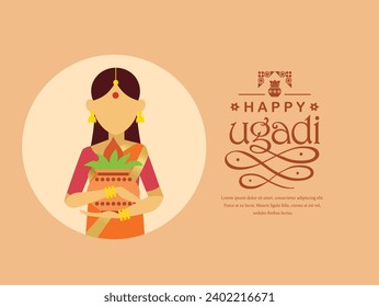 Fondo de bienvenida para el Festival Ugadi. Mujer sosteniendo a Kalash en las manos. Ilustración vectorial con tipografía.